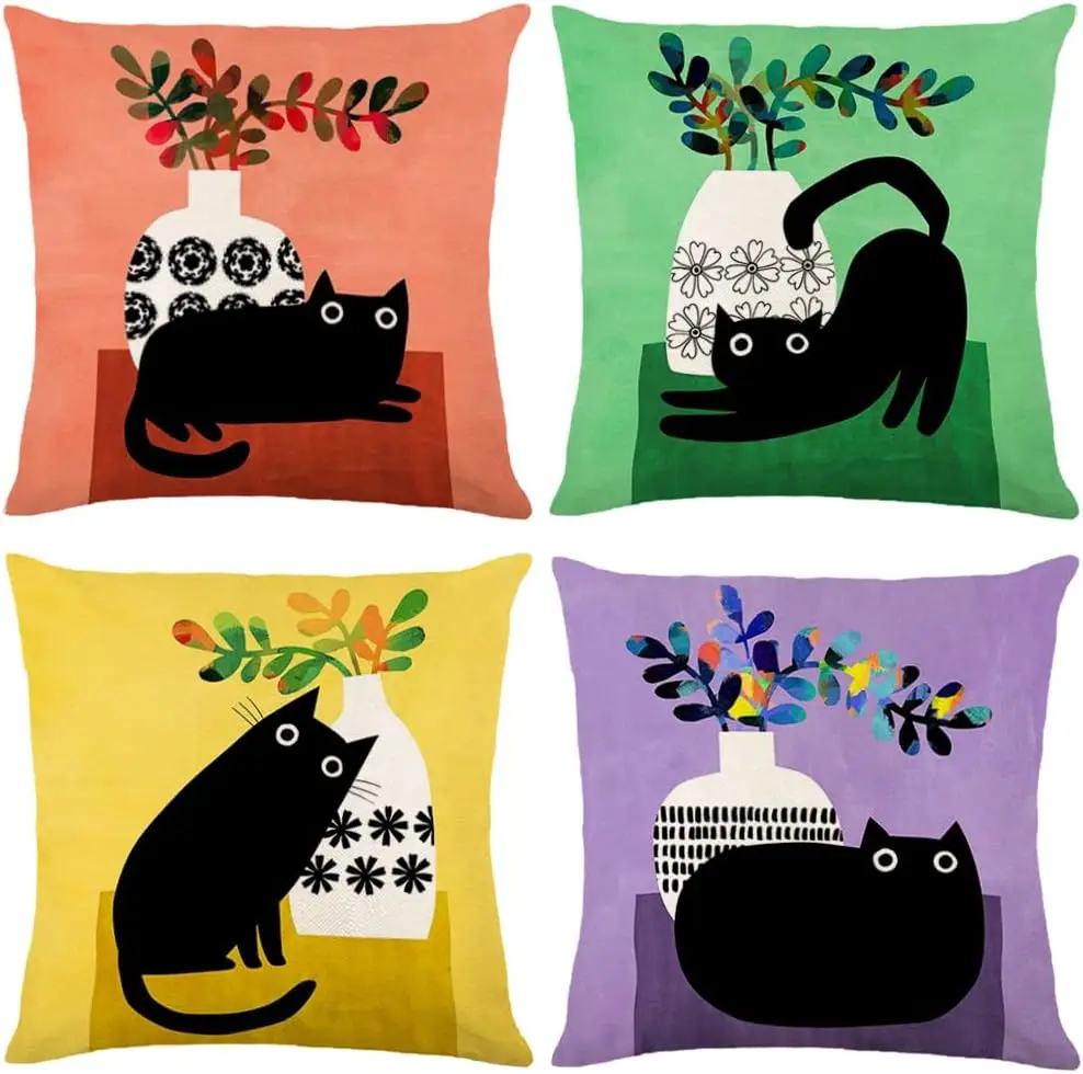 Colorful Cute Black Cat Throw Pillow Covers Welcome Home Kitty Pillowcase Decoration for Sofa Couch Set of 4 Pillow Case 45x45