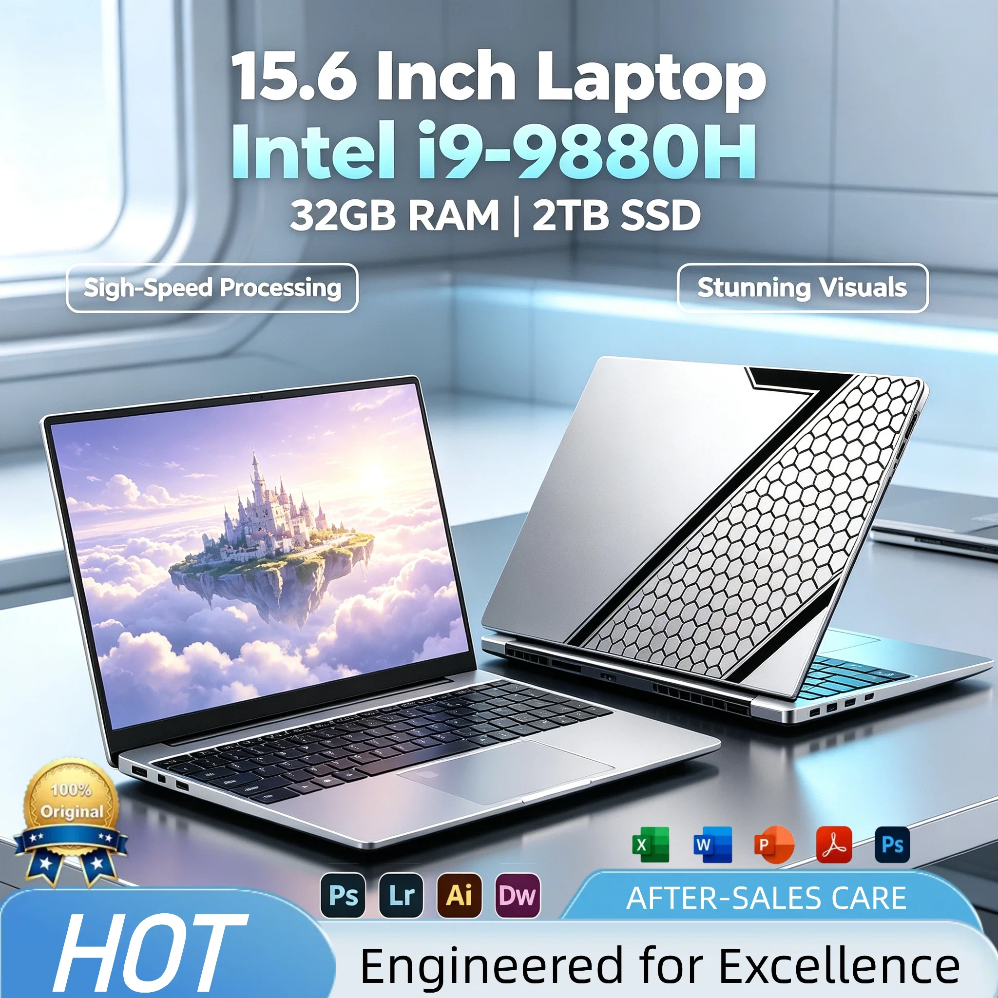 Intel Core i9-9880H 15.6 Inch Laptop 8C16T 2.3-4.8GHz 24MB Cache 16GB 2TB SSD Gaming High Performance Workstation UHD 630 Pro