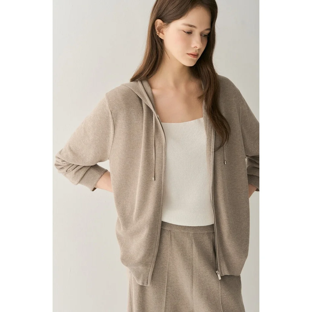 Commuting Knitwear Set with Hooded Pants And Drawstring Slimming Top Korean Style Long Sleeve Breathable Skin-friendly