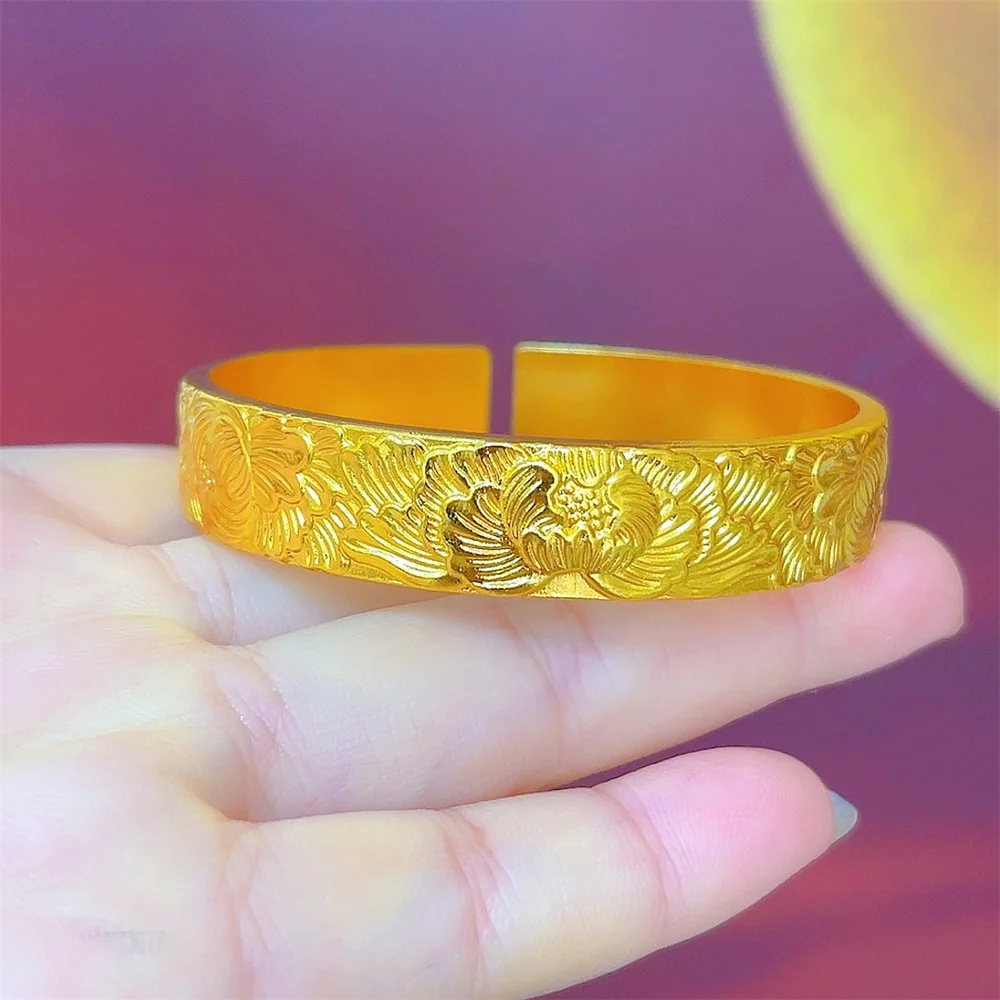 14k-gold-plated-stainless-steel-open-cuff-bangle-for-women-engravable-embossed-flower-wide-bracelet-luxury-gift-for-mom