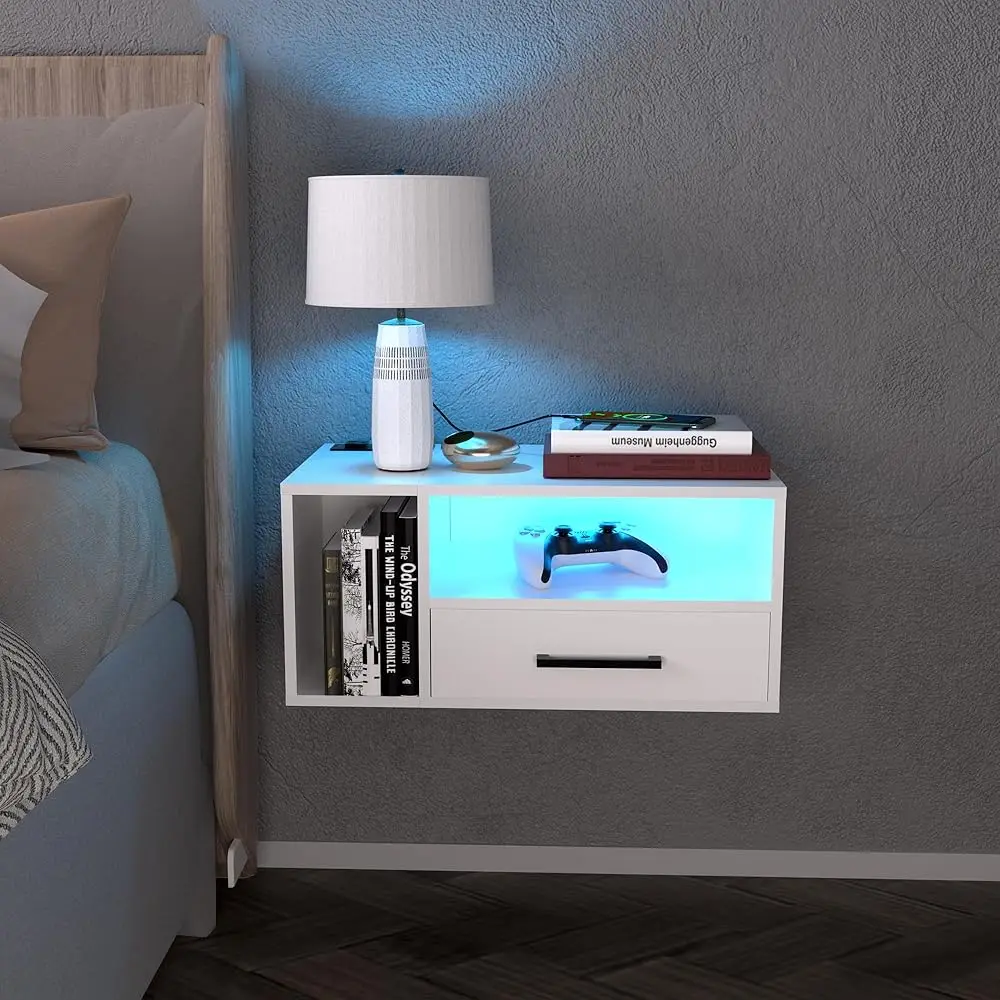 

Floating Nightstand With Charging Station And Led Light Strips, 21.3"" Bedside Table With Drawers,Floating Bedside With Usb