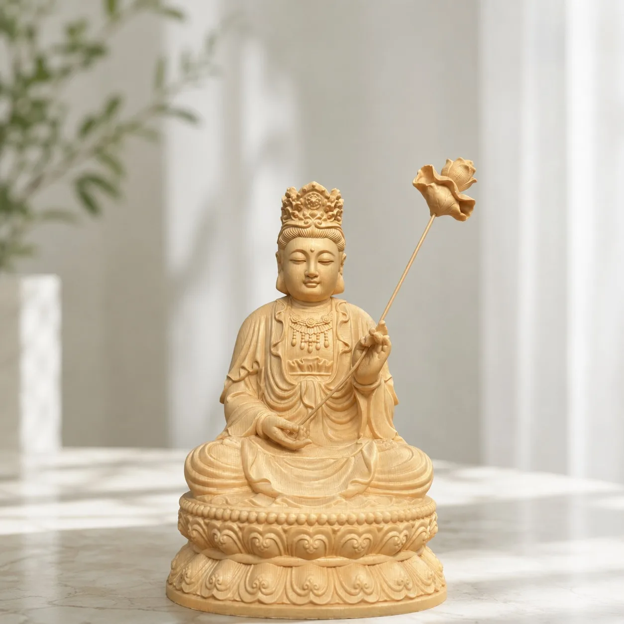 Hand-Carved Hinoki Wood Mahasthamaprapta Bodhisattva Statue for Buddhist Shrine Home Living Room Tabletop Decor Gift