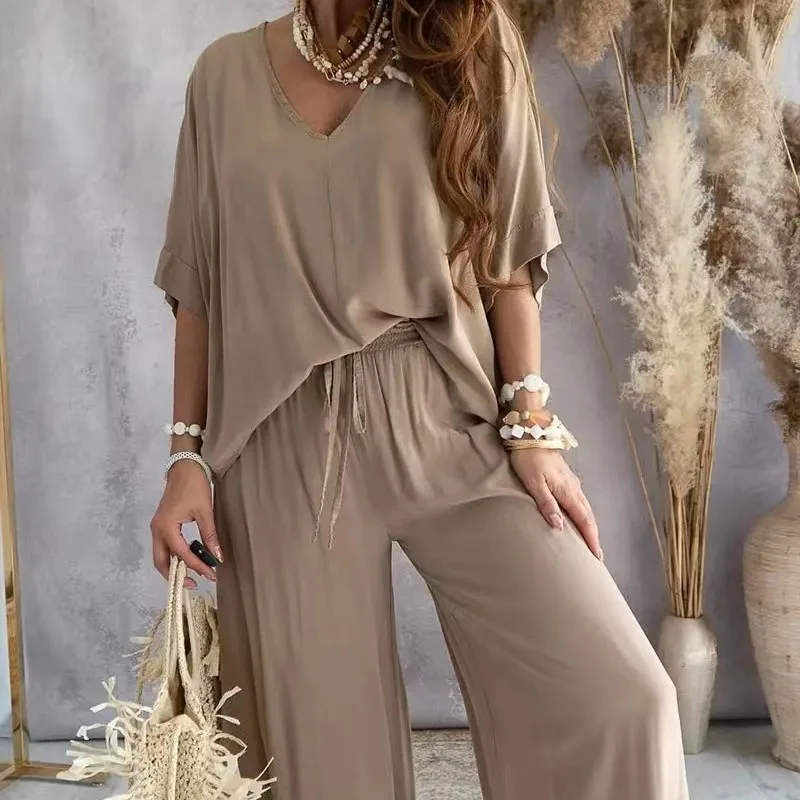 

2024 Summer Pant Sets two piece sets For Women V neck Bat Sleeve Casual Loose Wide-leg Pants 2 piece set solid homewear Outfits