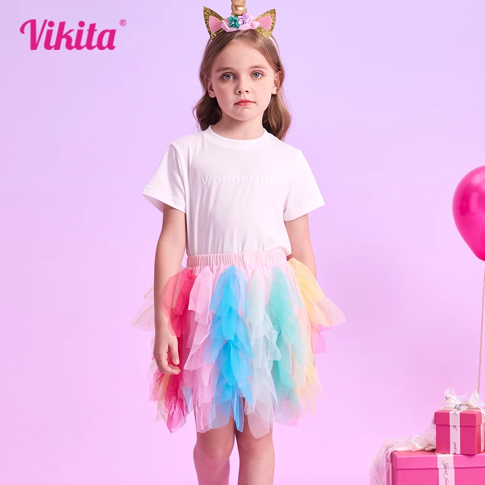 

VIKITA Girls Colorful Skirt Kids Mesh Tulle Layered Cake Mini Skirts Girls Birthday Party Travel Beach Irregular Casual Skirts