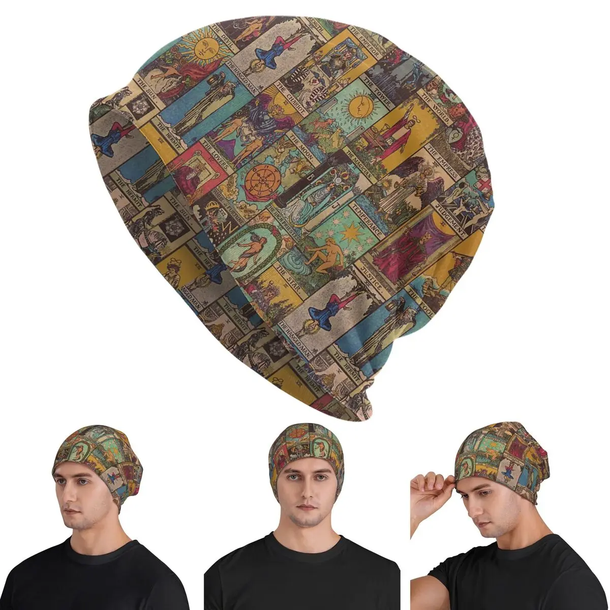 The Major Arcana Of Tarot Vintage Patchwork Warm Knitted Cap Hip Hop Bonnet Hat Autumn Winter Outdoor Beanies Hats for Men Women