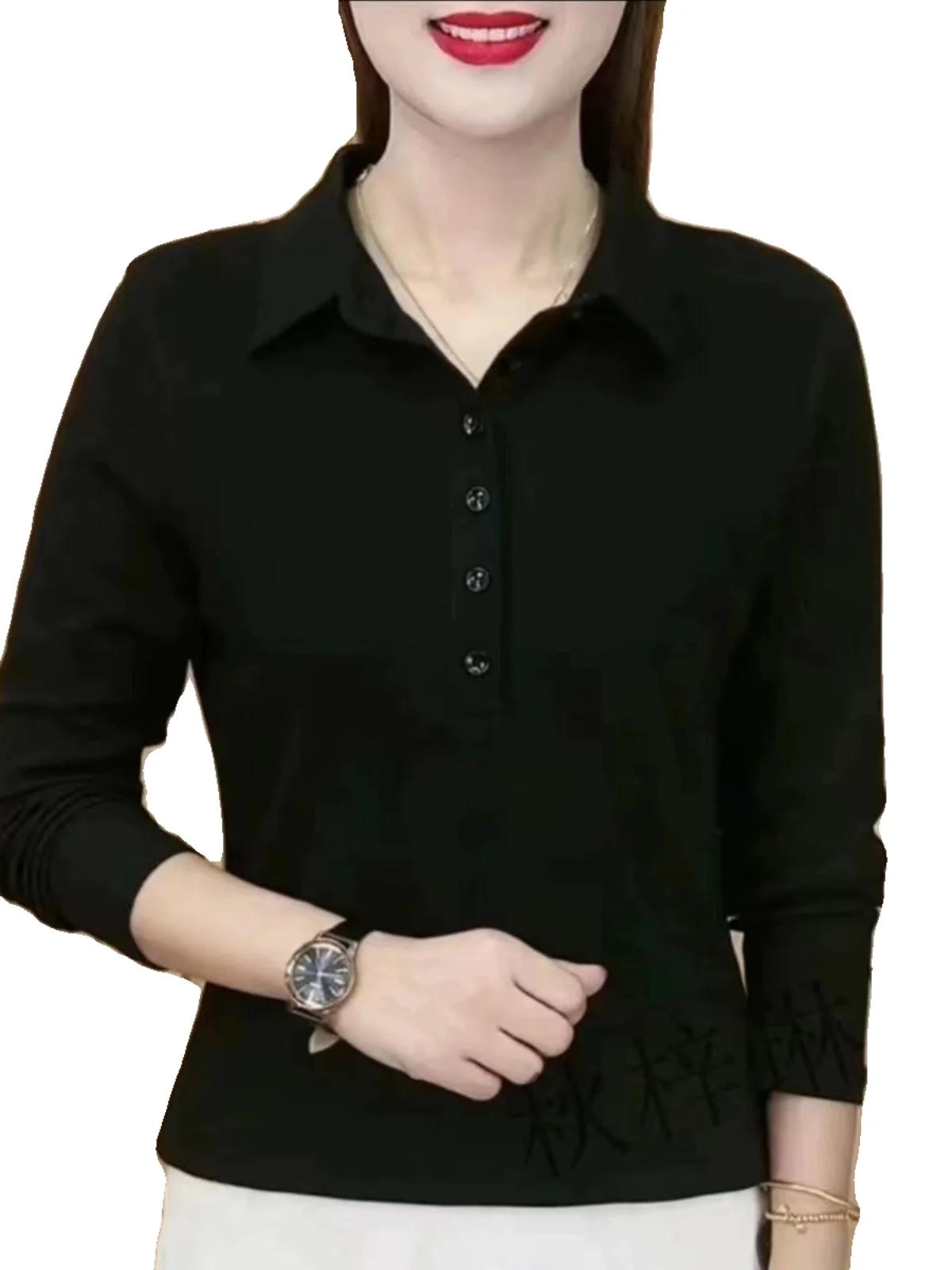 Damska koszulka z długim rękawem z czystej bawełny, bazowa, na wiosnę 2024, luźny krój, kołnierzyk z wyłogami, kolorowa koszulka, codzienna, dla mamy.