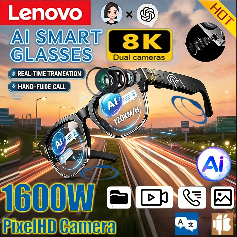 Lunettes Intelligentes Lenovo 8K AI 2027 Nouveauté Appel Mains Libres HD Traduction IA Enregistrement Chat IA Lecture Musicale Lunettes de Soleil Intelligentes