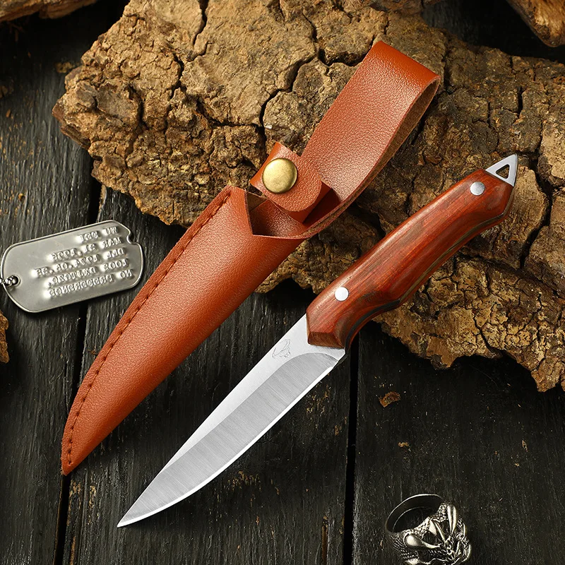 Stainless Steel Wooden Handle Knives, Portable Sharp High Hardness Fruit Knife, Outdoor Camping BBQ Tools Fishing Straight Knife