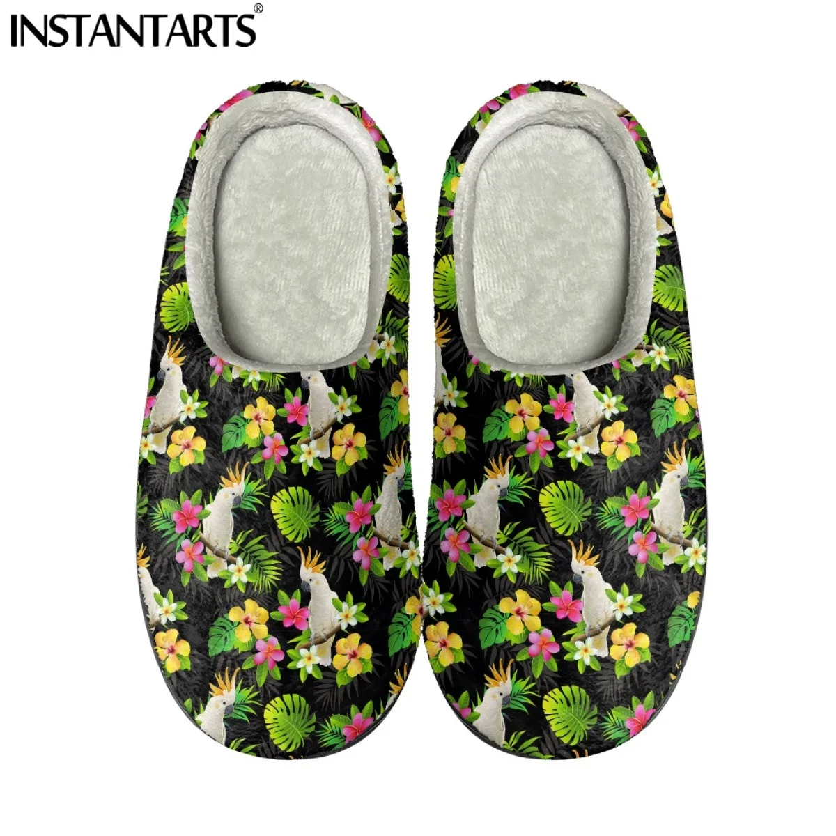 INSTANTARTS Winter House Slippers Tropical Leaves/Parrot Large Size Fashion Luxury Design Couple Plush Cotton Slipper chaussure