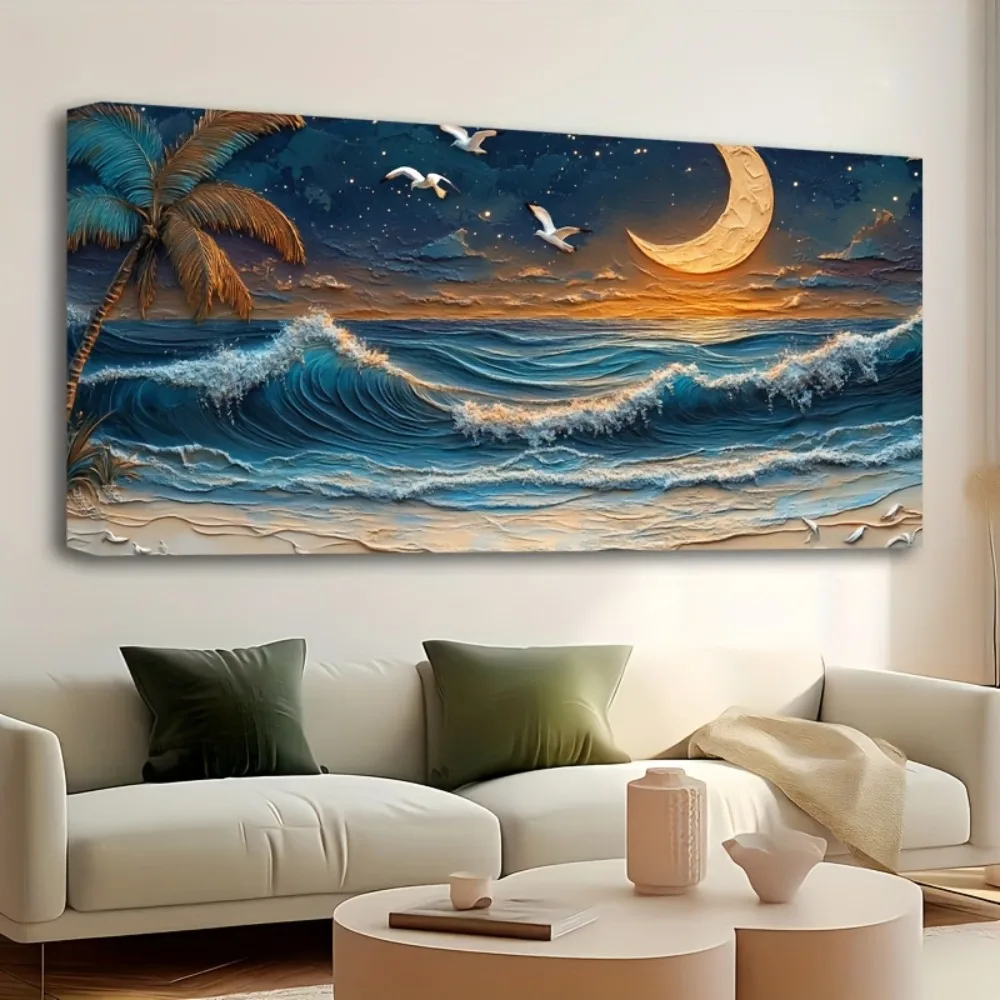 1.5 inch thick pine solid wood frame, Moon Ocean room decorated beach mural, landscape palm tree image canvas painting