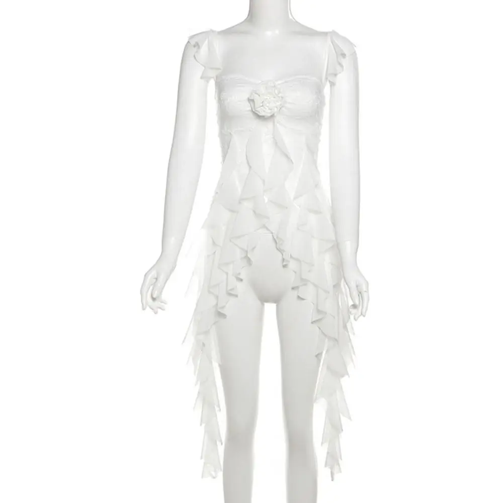 Camisola con borlas de flores y encaje con hombros descubiertos, ropa de playa transparente, vestido con cinta de malla, Top sin mangas dulce estilo chica picante para mujer