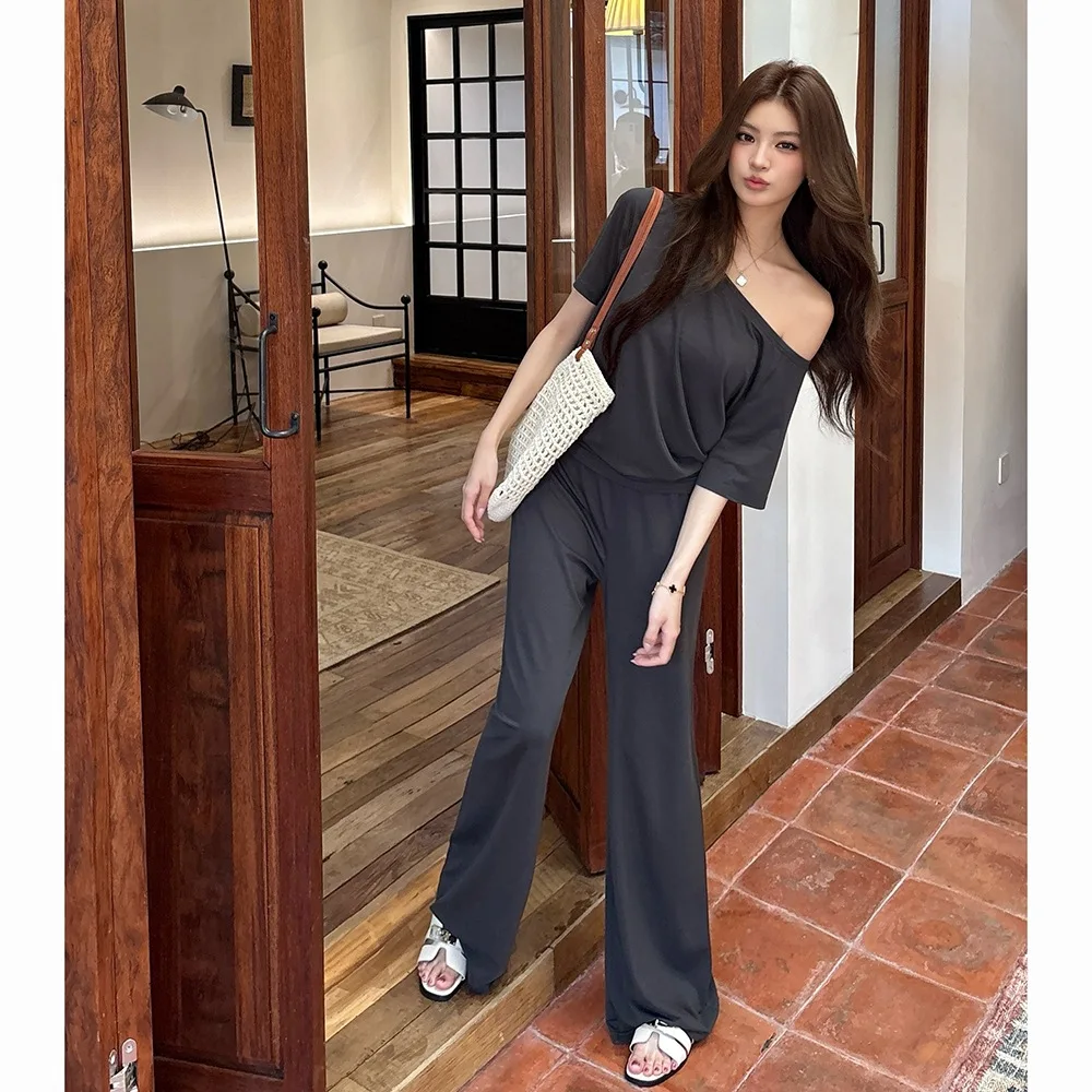 Minimalist Dark Grey Off-shoulder Loungewear Set Sexy Short Sleeve T-shirt Wide Leg Pants 2-piece Set For Women Casual Outfits