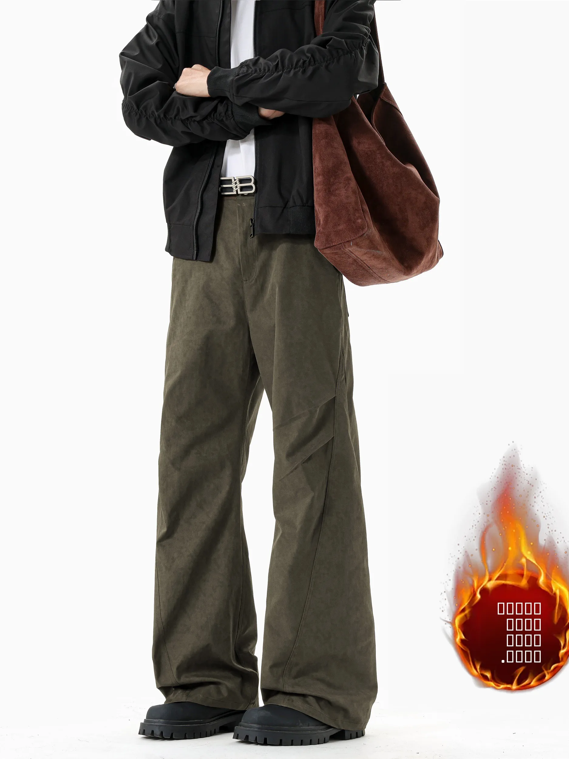 

American High Street Men's Casual Pants Autumn Winter Thiened Fce Pleated Straight Leg Trousers Warm Comfortable Faion...