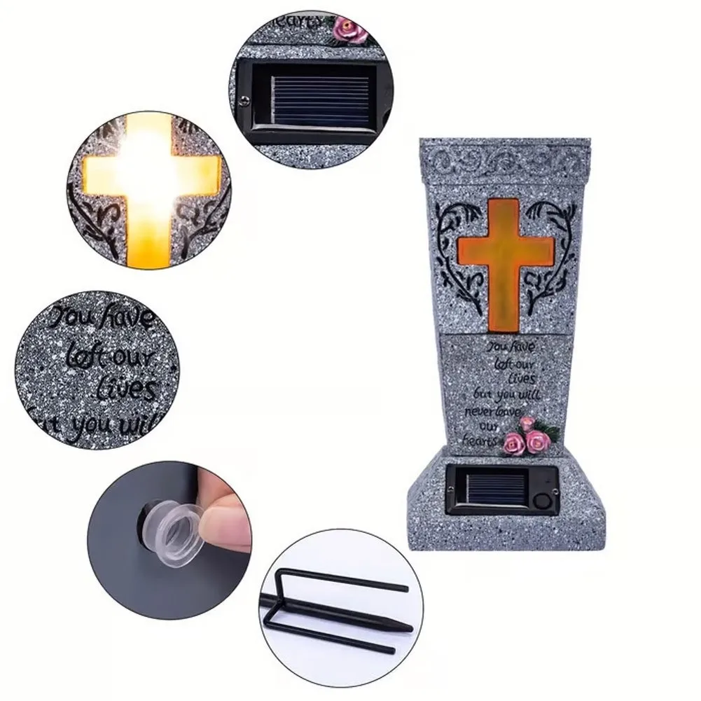 Memorial Garden Vase in Resin with Solar Illumination for Outdoor Cemetery Decor Material for Seasonal Exposure