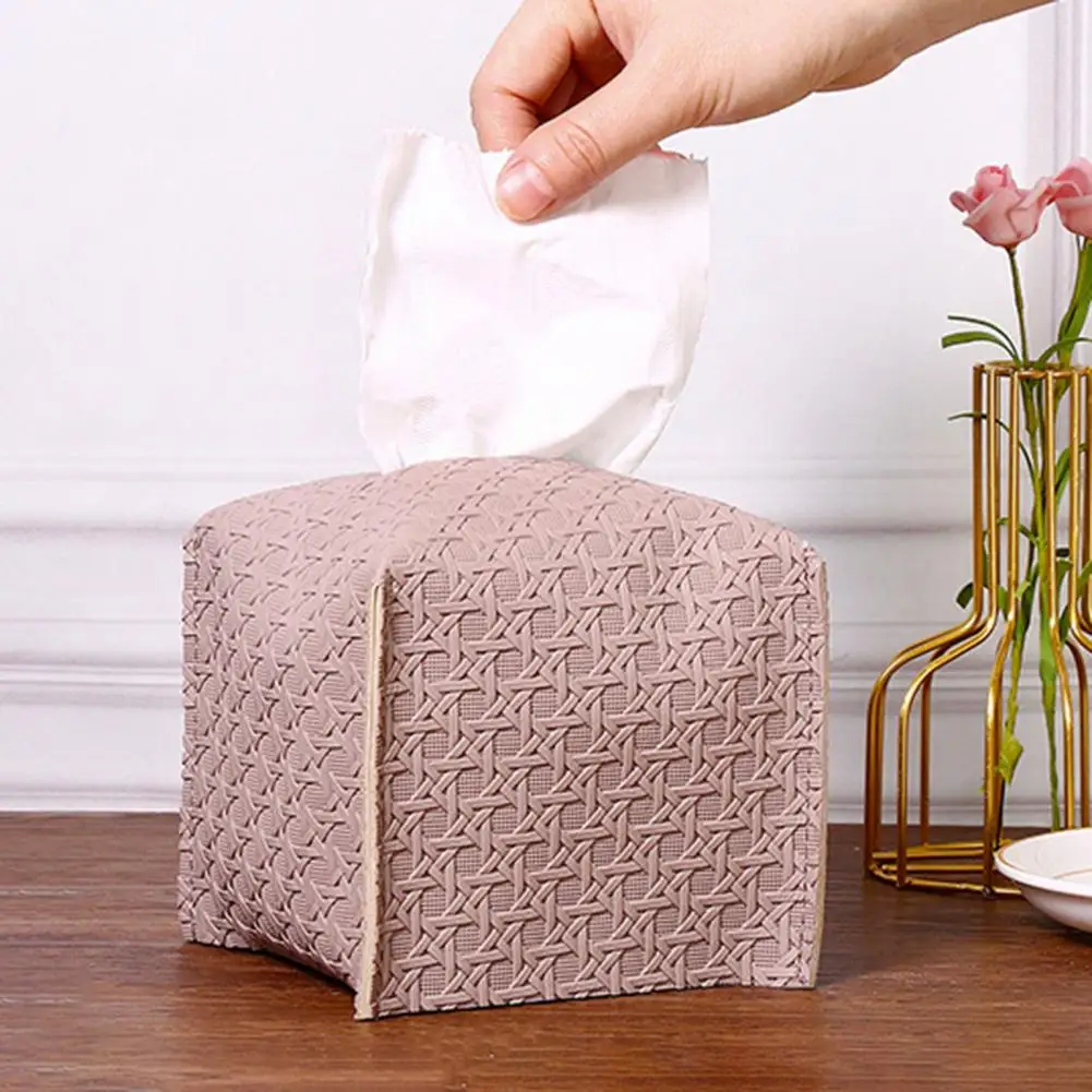 

PU Leather Square Tissue Box Holder Woven Bamboo Tissue Storage Bag Decorative Paper Case Bedroom Paper Tissue Dispenser