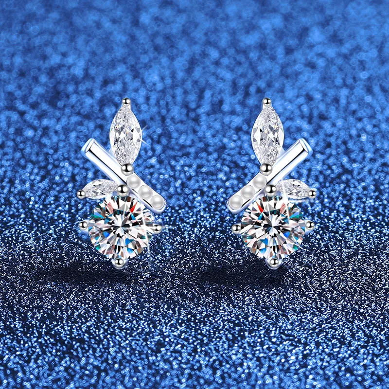Original Niche Mozambique Earrings Platinum PT950 18K Gold Korean Version Light Luxury Forest Series Bamboo LeafMozambique Stone