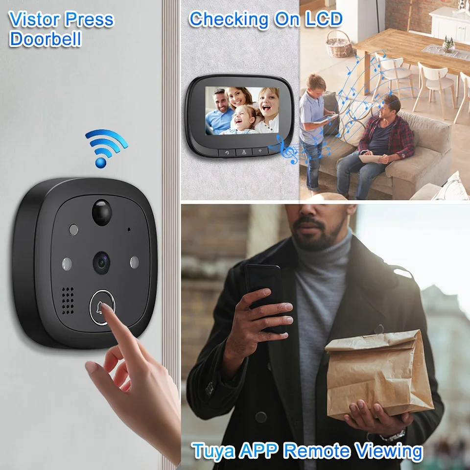 Tuya Smart WiFi Door Bell avec caméra vidéo 720P, judas pour porte, écran LCD 4.3 ", détection de mouvement PIR, œil vidéo, nouveau