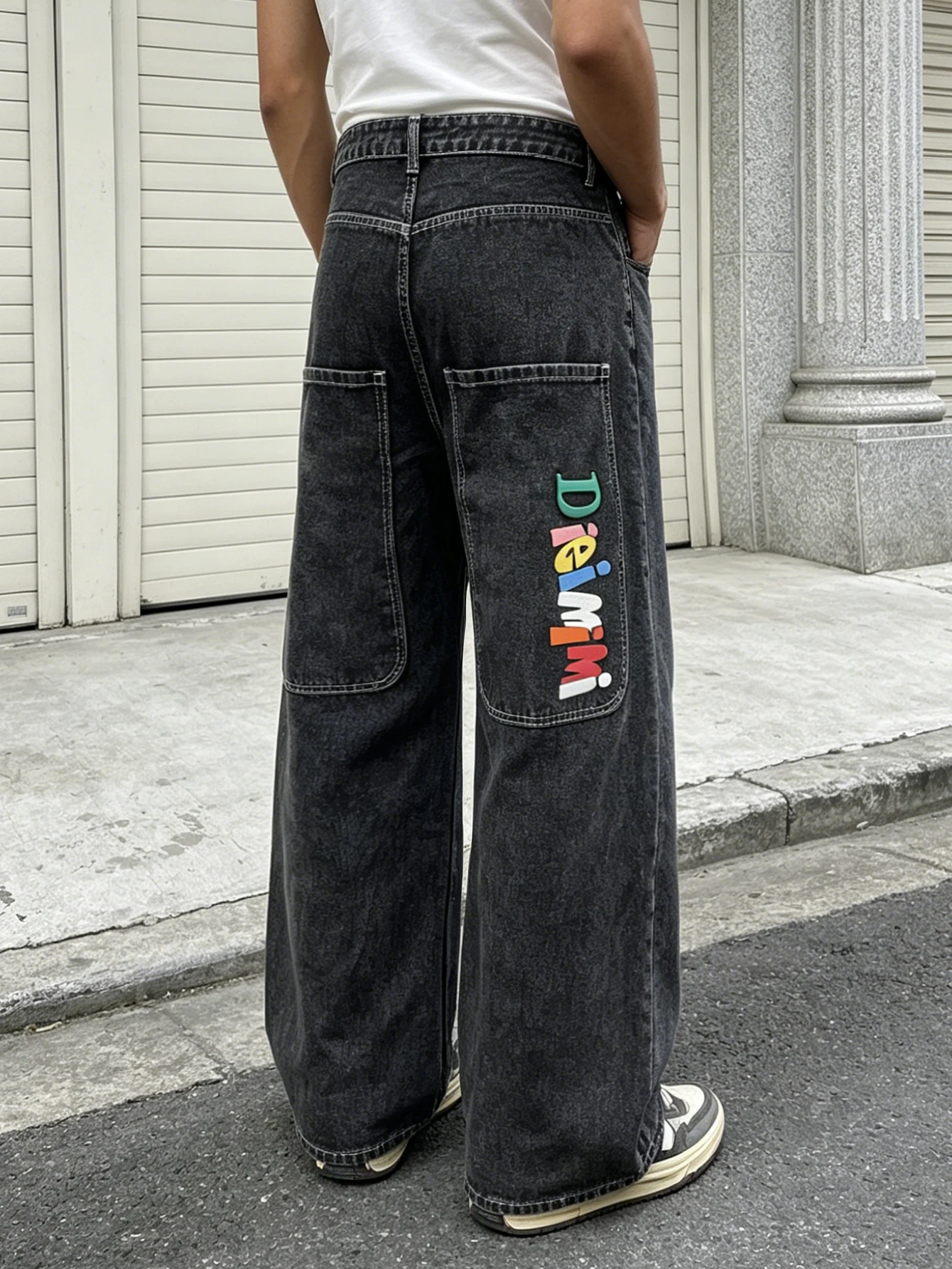 Men's jeans loose low pocket denim trousers black and gray printed straight pants Y2K male teenagers large pocket pants