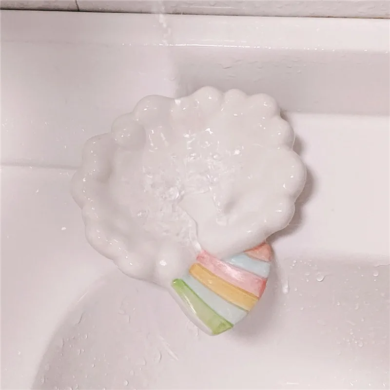 Ceramic Toilet Soap Box with Drain, Luxury Rainbow Cloud, High Grade, Creative, Non-perforated, Fairy Soap Plate