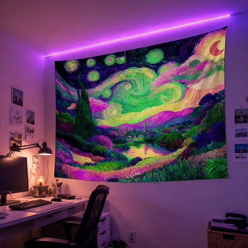 VIKAMA Van Gogh Starry Night Colorful Village Wall Tapestry Purple Green Swirl Sky Cypress Tree House UV Blacklight Glow Bedroom