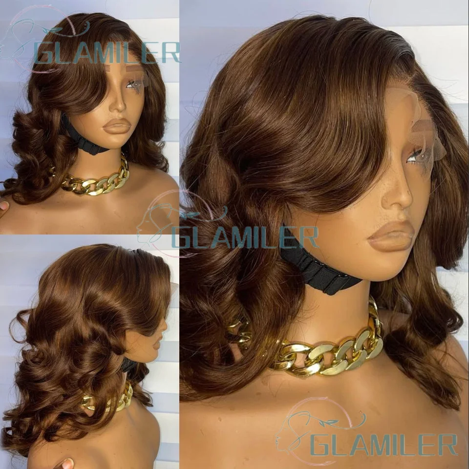 الجانب جزء بني داكن شعر الإنسان الجسم متموج قصير بوب الباروكات قبل قطعها 5x5 الحرير إغلاق الباروكات البرازيلي 360/كامل الدانتيل بوب الباروكات