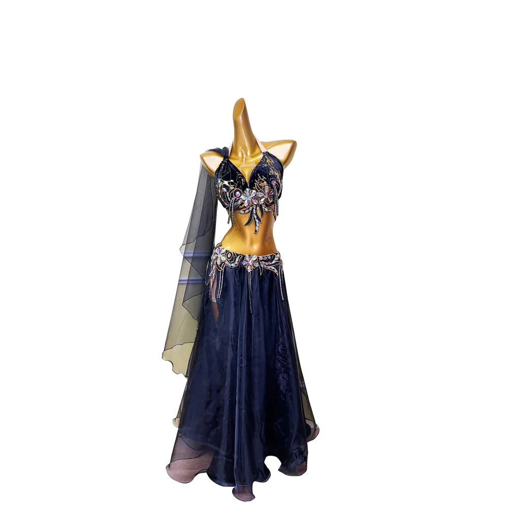 Traje de dança do ventre ab pedra feminino adulto crianças high-end fenda malha saia samba desempenho alta flash vestido