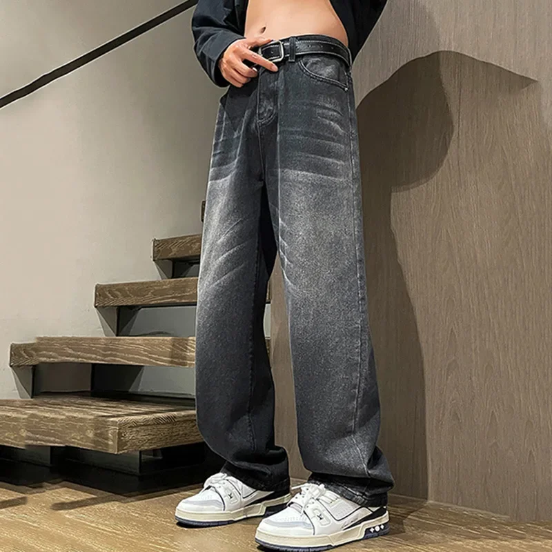 

Summer Male High Street Gothic streetwear Gray Denim Pants Men Style Vintage Baggy Jeans Wide Leg Straight Trouser