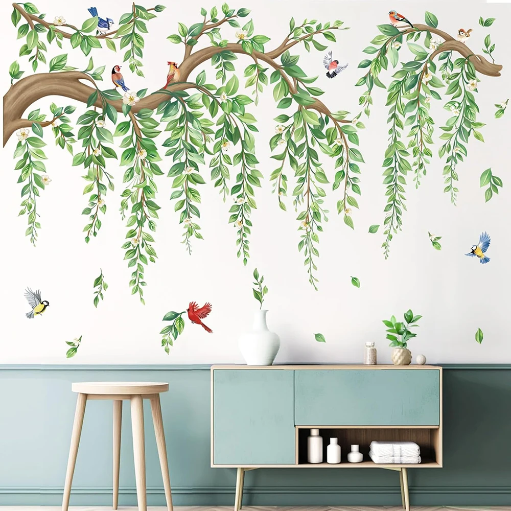 Large Tree Branch Hanging Vine Wall Stickers Green Leaf Flower Birds Wall Decals for Living Room Bedroom TV Home Decor