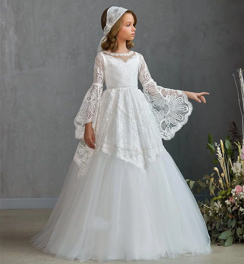 Weißes Spitzen-Blumenmädchenkleid für die Hochzeit, O-Ausschnitt, Applikation, volle Ärmel, Tüll, Erstkommunion, Geburtstagsfeier, Ballkleider für Kinder