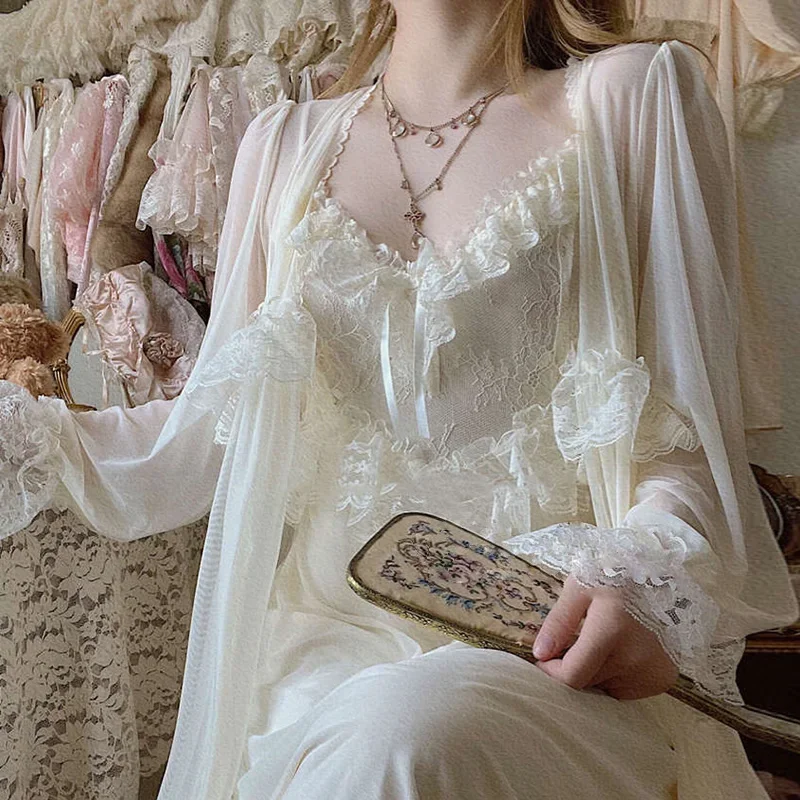 

Vintage Female Court Style Thin Robe/Nightdress Ladies Princess Nightgowns Fairytale Pajamas Sleepwear Women's Home Clothing