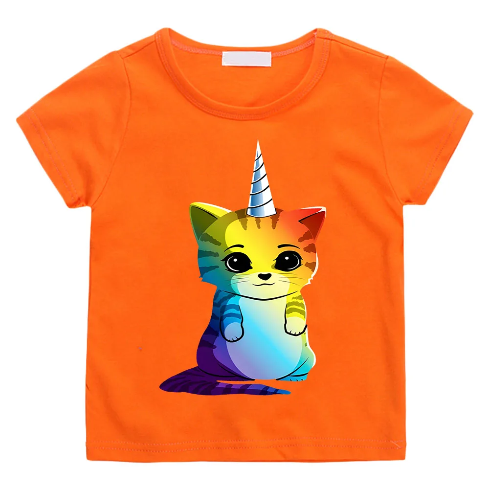 Unicorn Cat 2024 Fashion Unisex Funny T-shirt Children Boys Short Sleeves White Tees Baby Kids Summer Tops for Girls Clothes