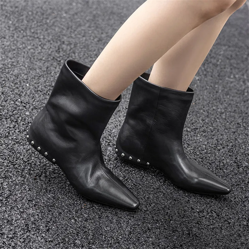 

New Autumn/winter Genuine Leather Women Boot Square Toe Shoes for Women Fashion Rivet Boots High Heels Short Boots Handmade