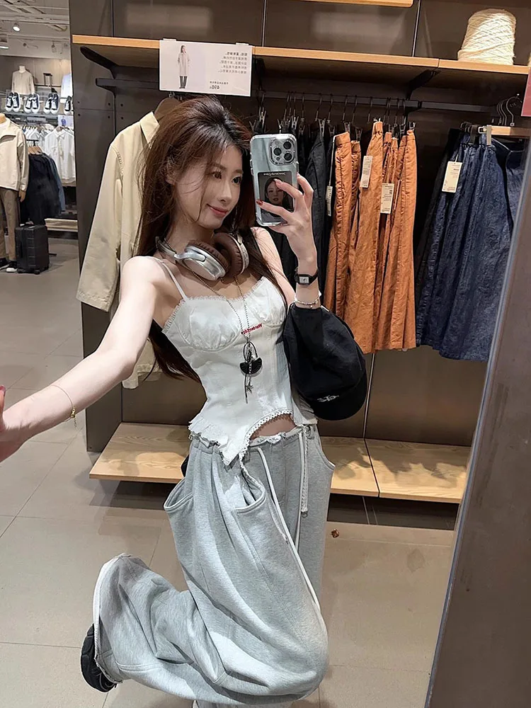 

Korean Sle Casual Set Women Summer 2025 New Spicy Girl ort Strap High Waist Slim Wide Leg Pants Two Piece Set
