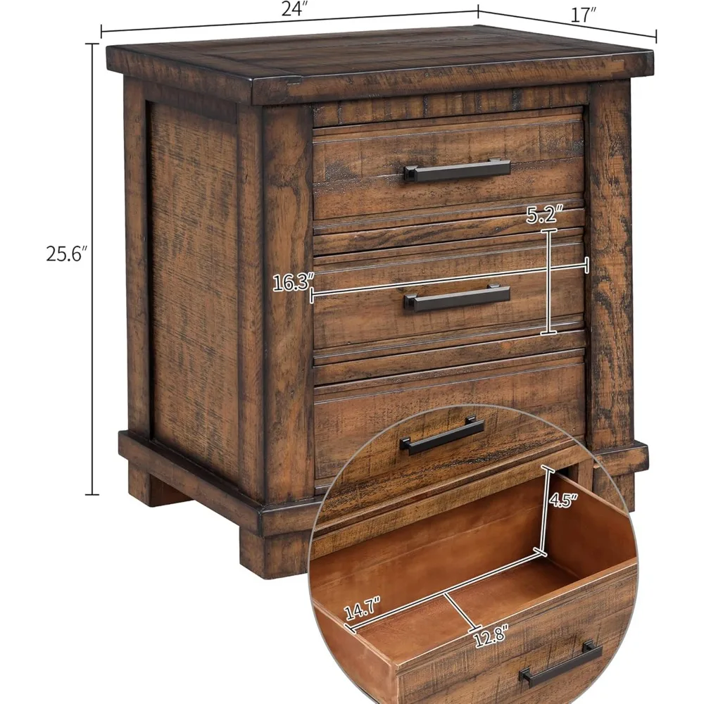 منضدة مزرعة ذات 3 أدراج، طاولة بجانب السرير من خشب الصنوبر المستصلحة، طاولة جانبية للأريكة مع مقابض معدنية عتيقة، Fu