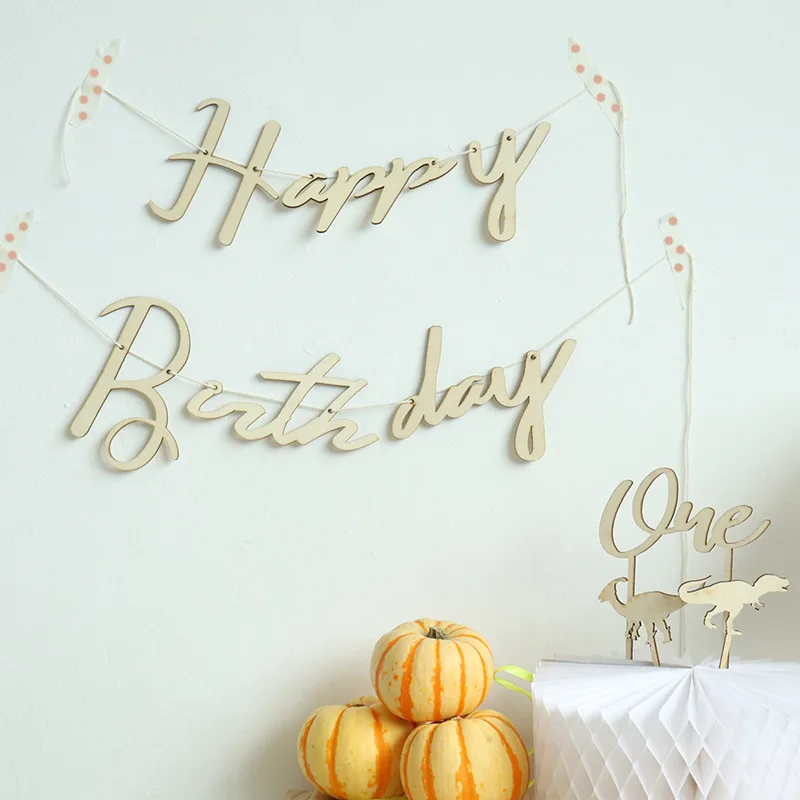 1 Set INS Wooden Happy Birthday Banners Garland Flags for Birthday Party Decoration Baby Shower Photo Booth Hanging Decoration