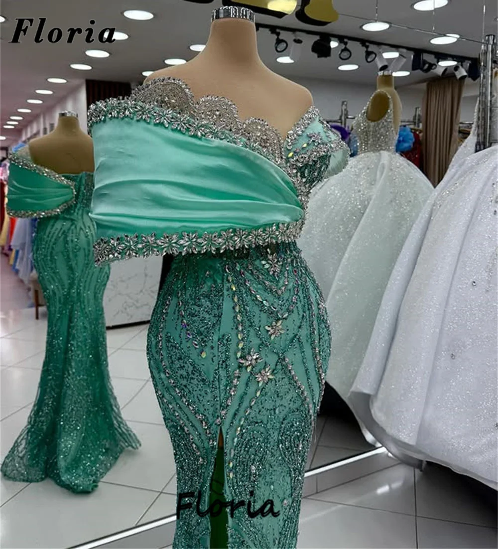 Abiti da ballo a sirena verde menta di lusso Abito da sera da cocktail arabo con spalle scoperte Personalizzato 2026 Abiti da festa di fidanzamento da sposa