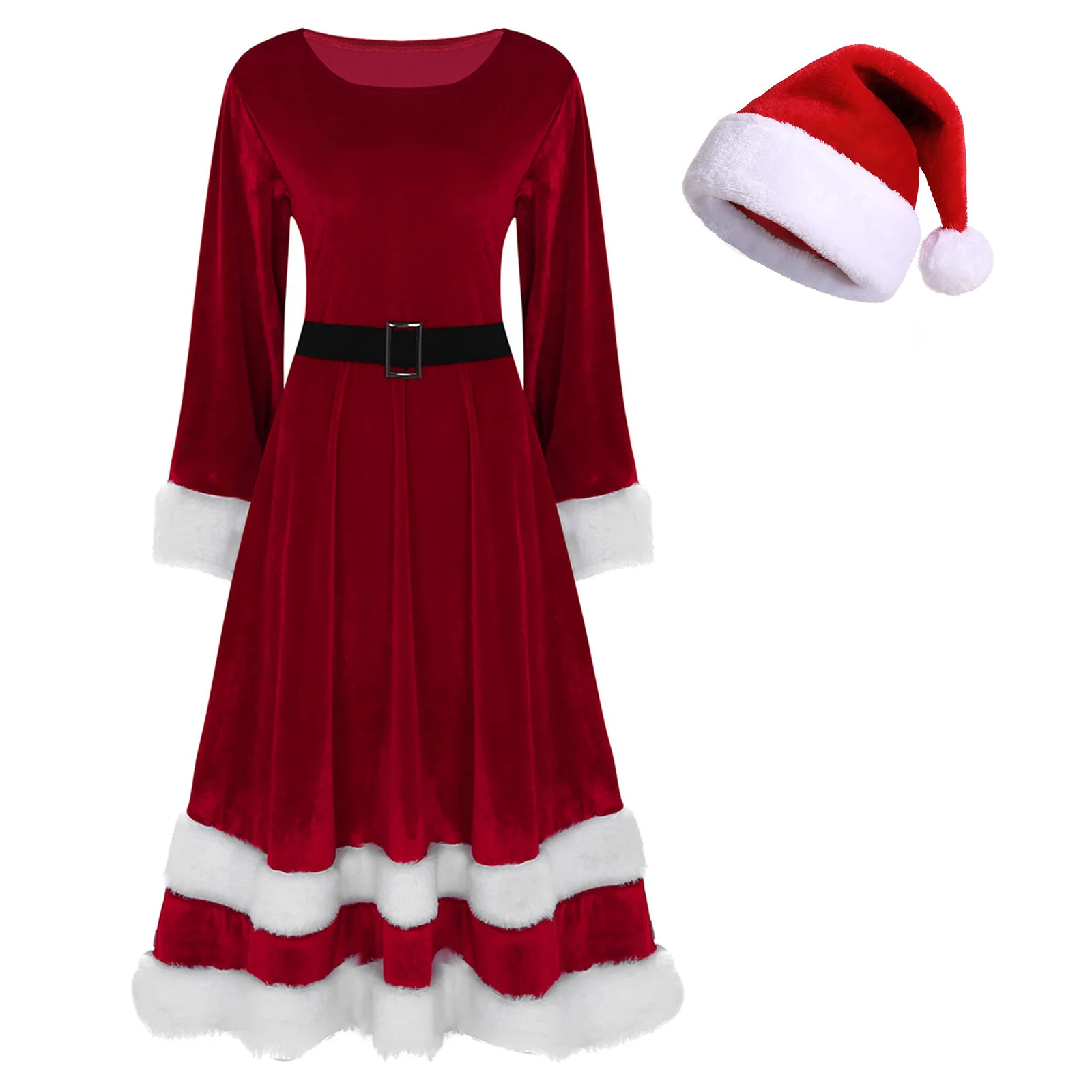 Women's Red Christmas Velvet Maxi Dress Long Sleeve Santa Claus Xmas Theme Costume Cosplay Outfit Fancy Dress Santa Claus Hat