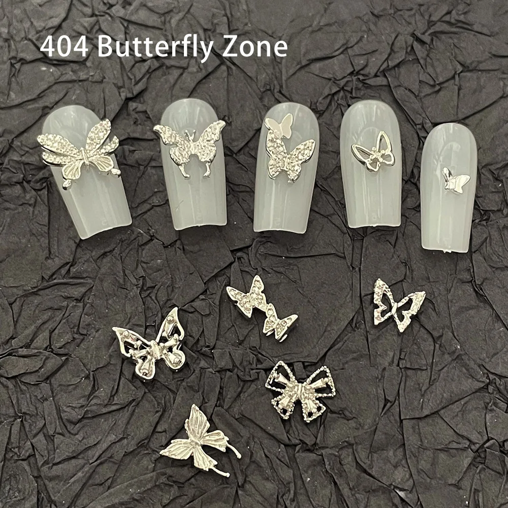 -Butterfly Zone- 10 Mix Pre-Made Type Charms Chrome Metal Silver Butterfly Alloy Mini Large Multi Shape Blend Nail Ornaments 404