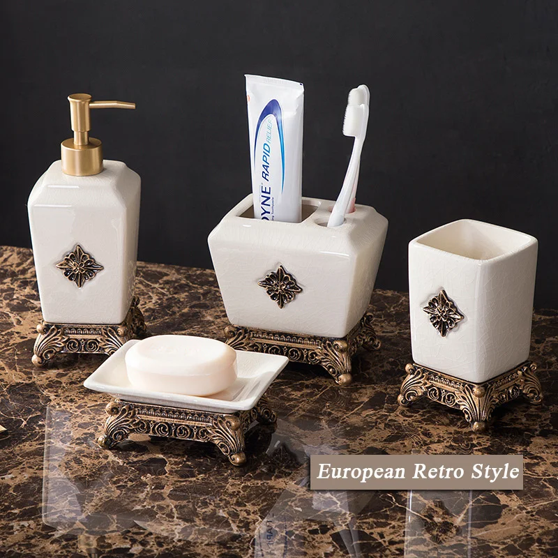 Crack Glaze Series Bathroom Accessories, Soap Dispenser, Bar Soap Dish, Tumbler, and Toothbrush Holder, Retro Luxury Style