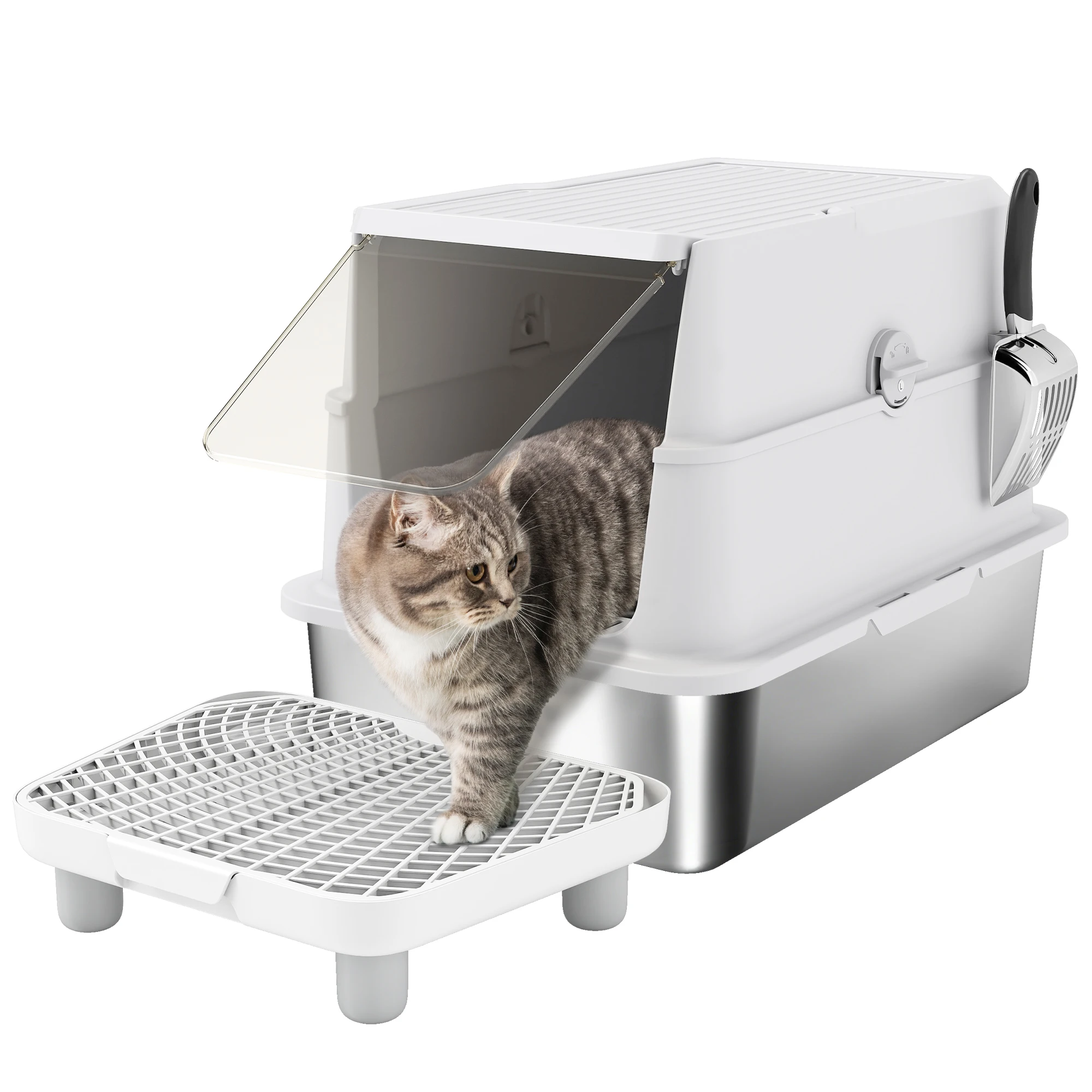 

Extra Large Stainless Steel Cat Litter Box for Big Cats with Flip Cover, High-Sided Enclosure & Scoop