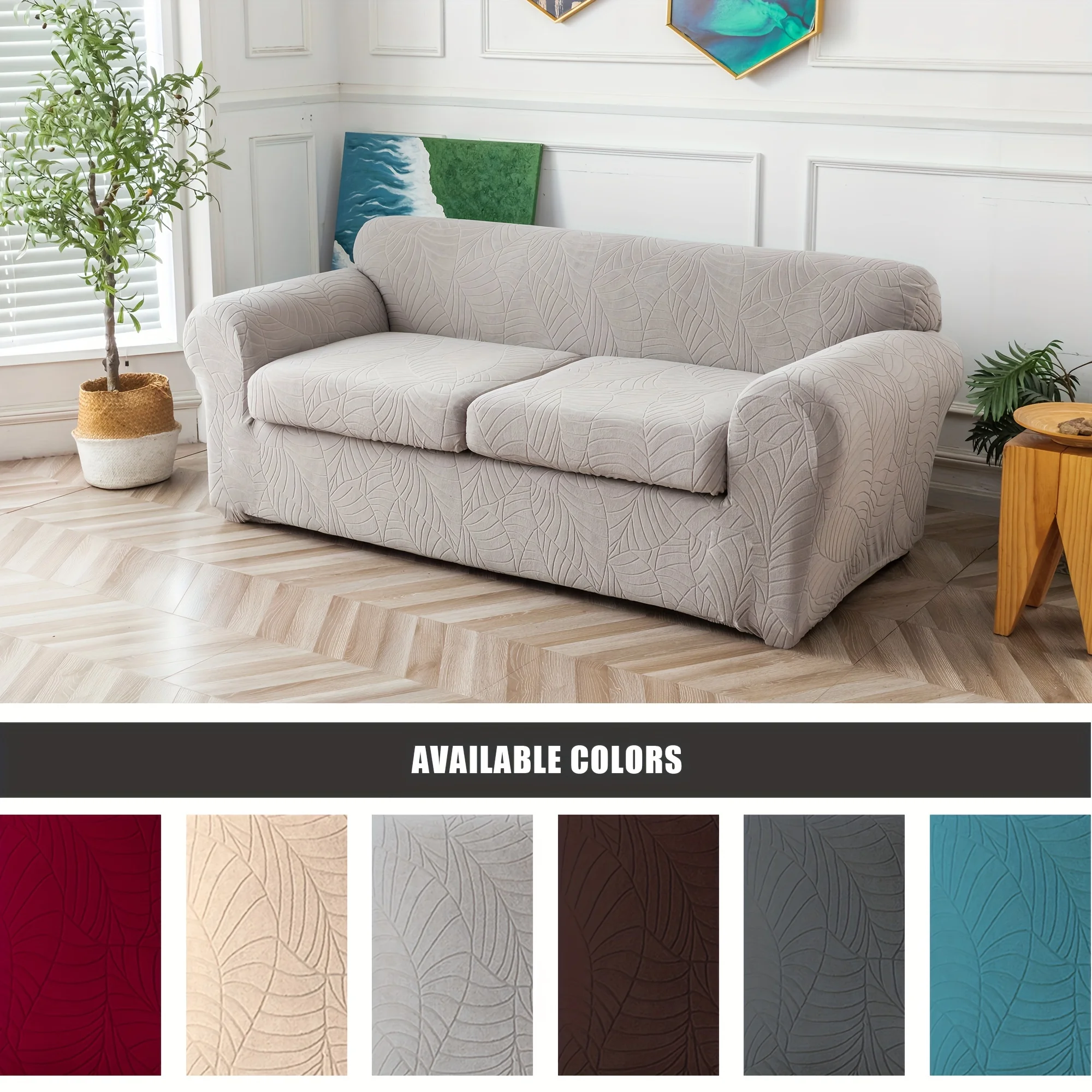 

3pcs/set Water Resistant Leaf Texture Jacquard Stretch Sofa Slipcover with Seat Cushion Cover, Spandex Non-Slip Sofa Cover Elast
