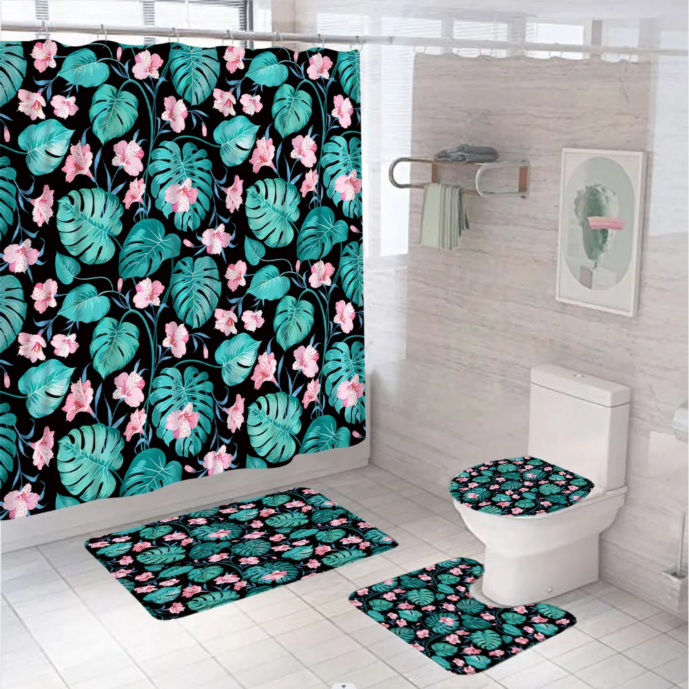 

Tropical Flower Shower Curtain Set Green Palm Banana Leaf Hibiscus Orchid Floral Plant Bathroom Screen Bath Mat Rug Toilet Cover