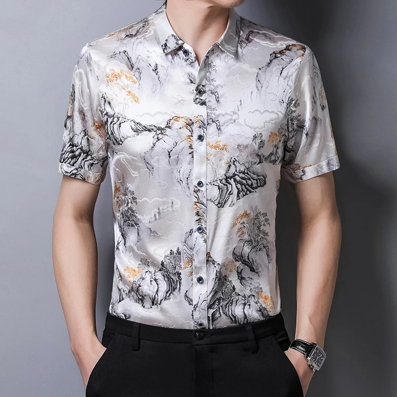 

Landscape Print Shirts For Men Short Sleeve Mulberry Silk Casual Summer Icy Quality Soft Comfortable Easy Care Camisas De Hombre