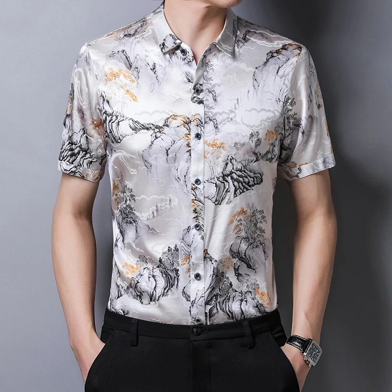 Landscape Print Shirts For Men Short Sleeve Mulberry Silk Casual Summer Icy Quality Soft Comfortable Easy Care Camisas De Hombre