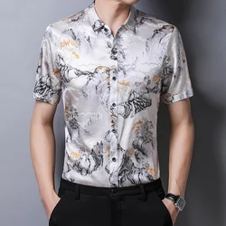 Landscape Print Shirts For Men Short Sleeve Mulberry Silk Casual Summer Icy Quality Soft Comfortable Easy Care Camisas De Hombre