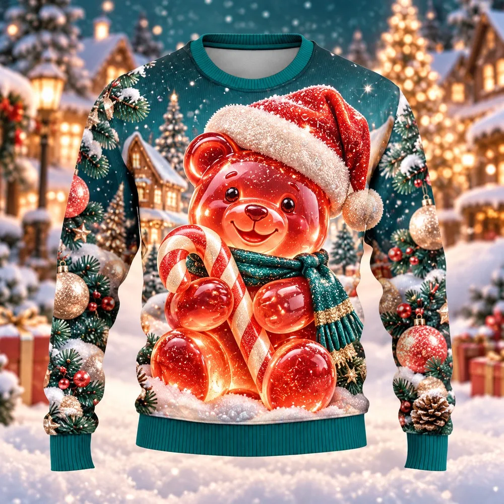 2026 Christmas Gummy Bear Ugly Christmas Sweater for Men Women Festive Holiday Party Crewneck Pullover Long Seasonal Sweaters