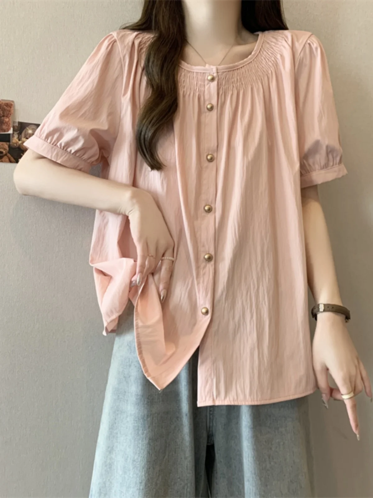 

Pink Sweet Short Sleeve Shirt Women Summer New plus Size Hide Belly Unique Super Beautiful Top Korean Style Loose Bubble Sleeve