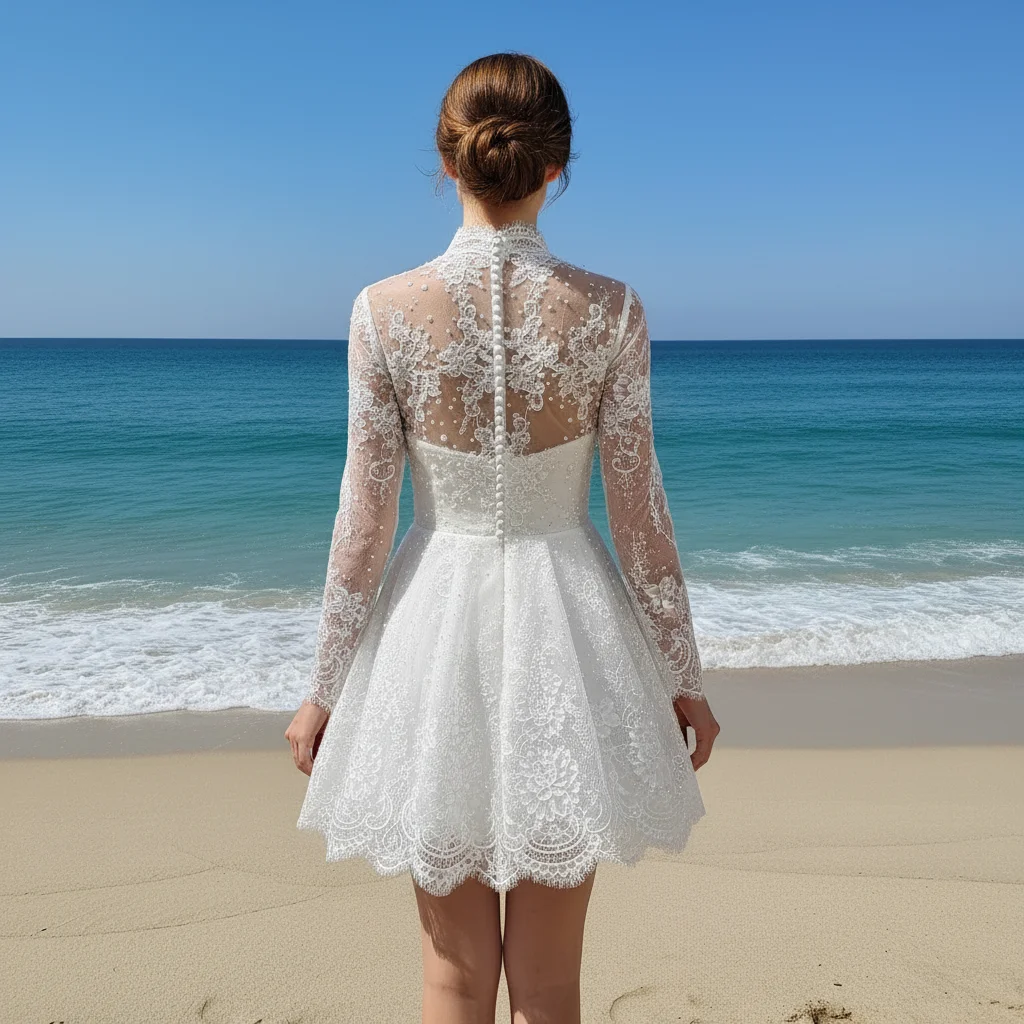 Rosymae Women's Elegant White Lace Long-Sleeve Mini Dress V-Neck Wedding Dress for Bridal Events And Formal Occasions