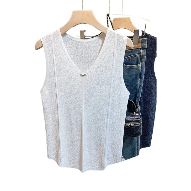 

Women's 2025 New Ice Silk Knitted V-Neck Thin Loose Sleeveless Vest Camisole Top