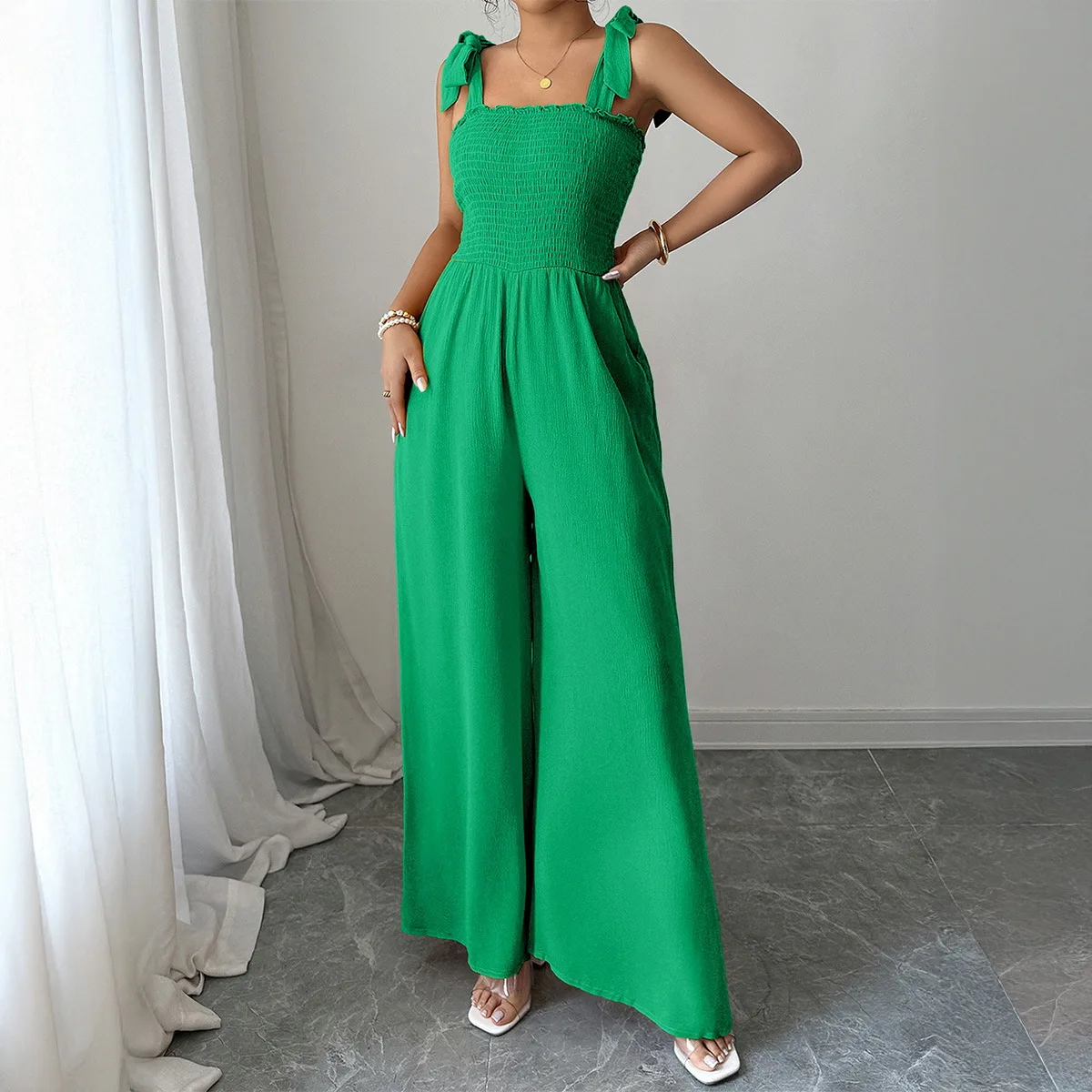 Summer Fashion Women's Suspender Jumpsuits Simple Casual Solid Color Sleeveless with Pocket Folds High Waist Wide Leg Jumpsuit